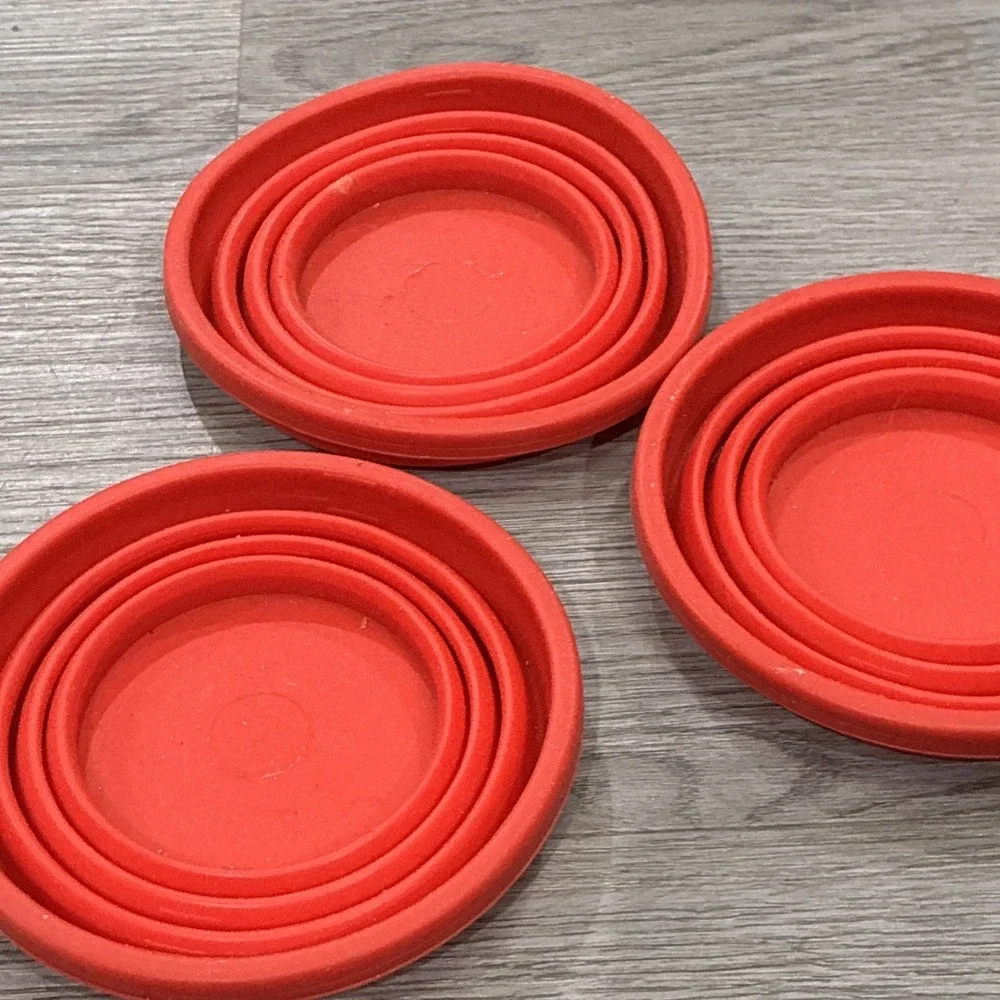 Lot of (3) Red Collapsible Camping or Pet Bowls; China, Needs Wash